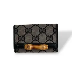 良品　オールドグッチ　6連キーケース　バンブー　GGキャンバス　グレー　レザー