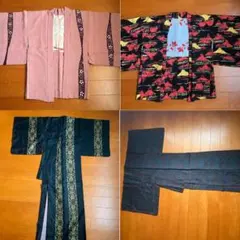 和装羽織着物4点まとめ売り正絹しつけ糸含む 昭和レトロ和柄リメイク素材古布着付けのサムネイル