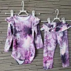 紫タイダイ柄 フリル付きパンツロンパースセットアップ新品