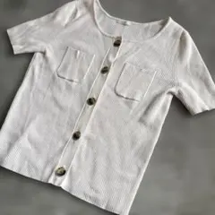 ホワイトリブ編み半袖カーディガン　M ジーユー　GU