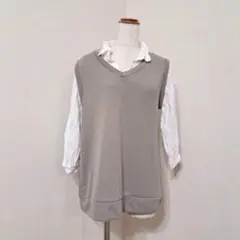 イノス　Vネック　レイヤード風 七分袖シャツ×ベスト　グレージュ系【M】