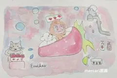 水彩/ペン画/イラスト　　　いちごのお風呂