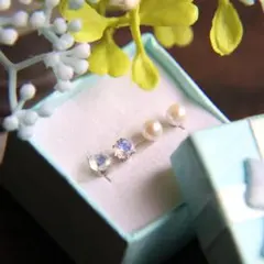 6月の誕生石　4㎜あこや真珠　レインボームーンストーン　ピアスセット