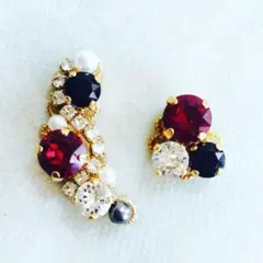 深紅 漆黒 透明 スワロフスキービジューのイヤーカフ＆イヤリングorピアス