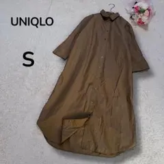 【ユニクロ】エクストラファインコットン　7分袖Aラインシャツワンピース　カーキS