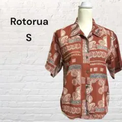 Rotorua 総柄 シフォン ブラウス S 半袖 レトロ柄 エスニック調