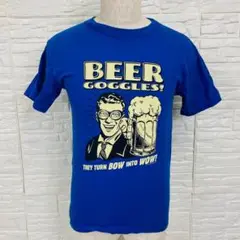 ビールゴーグル　プリント　Tシャツ　青　半そで　サイズS　【908】