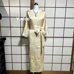 LL 着物リメイク 正絹 艶綸子 生成訪問着 シンプルゆったりワンピースのサムネイル