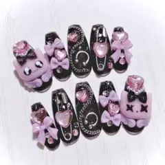 No.926　ネイルチップ 現品 量産型 地雷系 サブカル ピンク 猫 平成女児