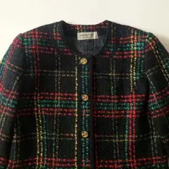 ◎vintage ノーカラー ツイード ジャケット80s 90s