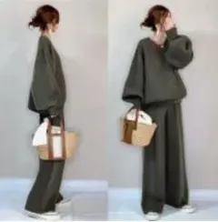 セットアップカジュアルきれいめグリーン韓国Vネックニットワイド大人上下2点セット