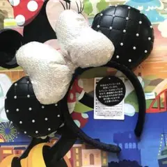 ディズニー　カチューシャ　ミニー　パール　黒　レザー　キルティング