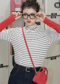 ハイネック 袖配色メローリブインナー/プルオーバー