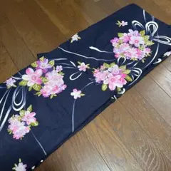 値下げ　紺地 桜とリボン柄 浴衣 単品