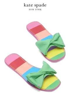 新品ケイトスペードリボンボーダーカラフルサンダルマルチカラー緑青黄赤紫ピンクレア