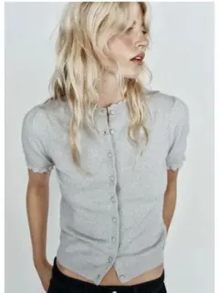新品ZARA ショートスリーブニット M 半袖ニットカーディガン グレー