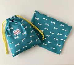 給食袋&ランチョンマットセット　北欧リボン　ターコイズ　ハンドメイド