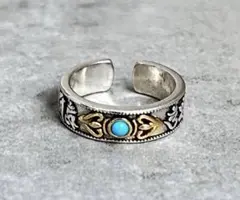 シルバー彫刻オープンリング ターコイズ石付き　メキシカンレディース【A3】