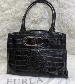FURLA/フルラ クロコ型押し レザーハンドバッグ ビジュー金具 ブラック