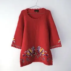 vintage 古着 赤 レッド ニット 刺繍 七分袖 セーター チュニック
