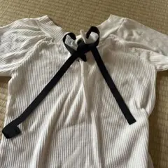 リブ編み ホワイト 半袖 Tシャツ バックリボン