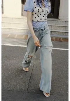 ZARA ザラ TRF ミッドライズ 折り返しウエストデニムパンツ ワイド 32