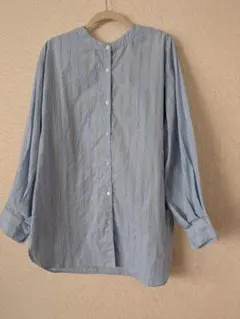 爽やか水色なストライプ バンドカラーチュニック丈シャツ