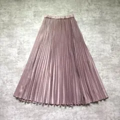 【訳あり】 プリーツロングスカート 光沢 上品 艶感 くすみピンク M 可愛い