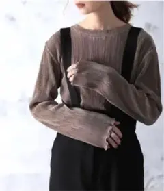 ラウンドネックミドル丈ミニプリーツ袖メローリブブラウス(長袖)