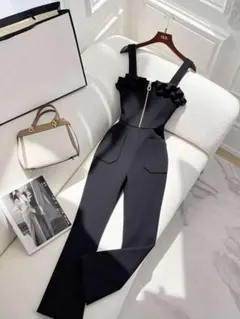 SHEIN フリル フロントジップ サロペット ブラックのサムネイル