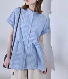 ロペピクニック ぺプラムシャツ　ブラウス　ブルー　ストライプ　半袖　夏
