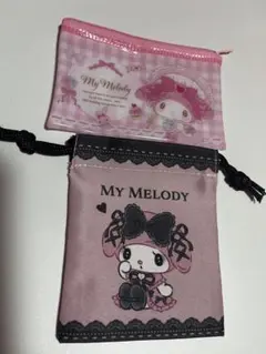 マイメロディー50周年記念フラットミニポーチ、巾着袋の2点セット