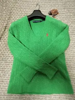 Ralph Lauren Sport グリーン Vネックセーター羊毛100％ S