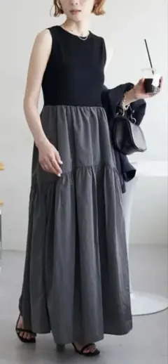 美品【アダムエロペ】Vネック 異素材ドッキング ロング ワンピース 