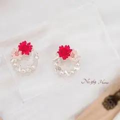 No.369　赤いお花　ガラスビーズリング　本物のお花のピアス　イヤリング