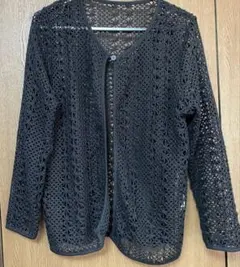 黒　レース編みカーディガン M-L カーディガン　黒カーディガン