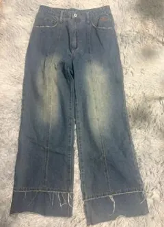 フリンジカットオフセミフレアデニムパンツ フリンジ裾