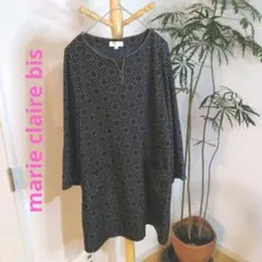 美品 マリ・クレール ビス ドット柄ロングブラウス 11R ネイビー チュニック