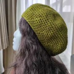 26 ハンドメイドニット帽 定番ベレー帽 カーキグリーン