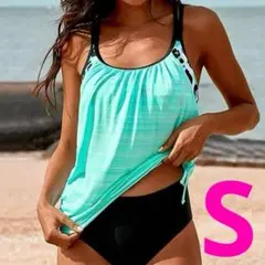 タンキニ フィットネス水着 グリーン S 体型カバー レディース スイムウエア