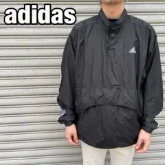 90s☆adidas☆ハーフスナップボタンナイロンプルオーバー☆ブラック☆L☆