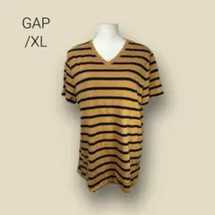 1906 【GAP】　Tシャツ　カットソー　XL　ボーダー　Vネック　ブラウン系