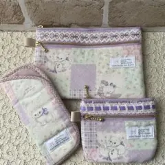 ネコちゃん ダブルファスナーポーチ、ミニダブルファスナーポーチ、メガネケース3点