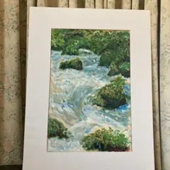 奥入瀬渓流　新緑　油絵　Ｆ６号　サイン入り　額入り　斉藤孝治　新緑の季節です 武藤一恵 「 奥入瀬」油絵 油彩画 F6 ( 6号 ) 絵画 洋画 肉筆