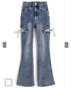 サイドカットアウトリボンフレアデニムパンツ[cu578] ブルー S