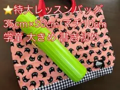 特大レッスンバッグ 35×50 マチ10 大きめ　猫　ピンク　チェック