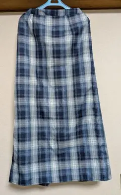 青チェック柄スリット入りロングスカート