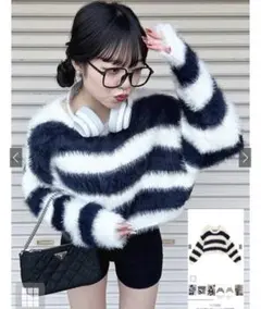 GRL ボーダー柄 フェザーニットトップス