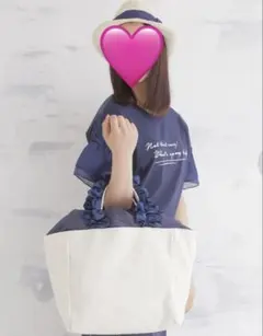 さ*ら様 新品　カシェリエ　フリルハンドル トートバッグ ホワイト/ネイビー　Lのサムネイル