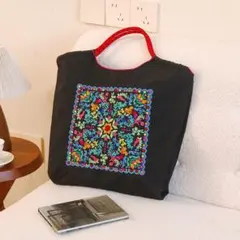【Lサイズ】 刺繍バッグ エコバッグ 花柄　韓国 ボールアンドチェーン